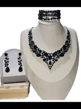 3-Pc Navy Blue Rhinestone Statement Jewelry Set Necklace Earrings Bracelet